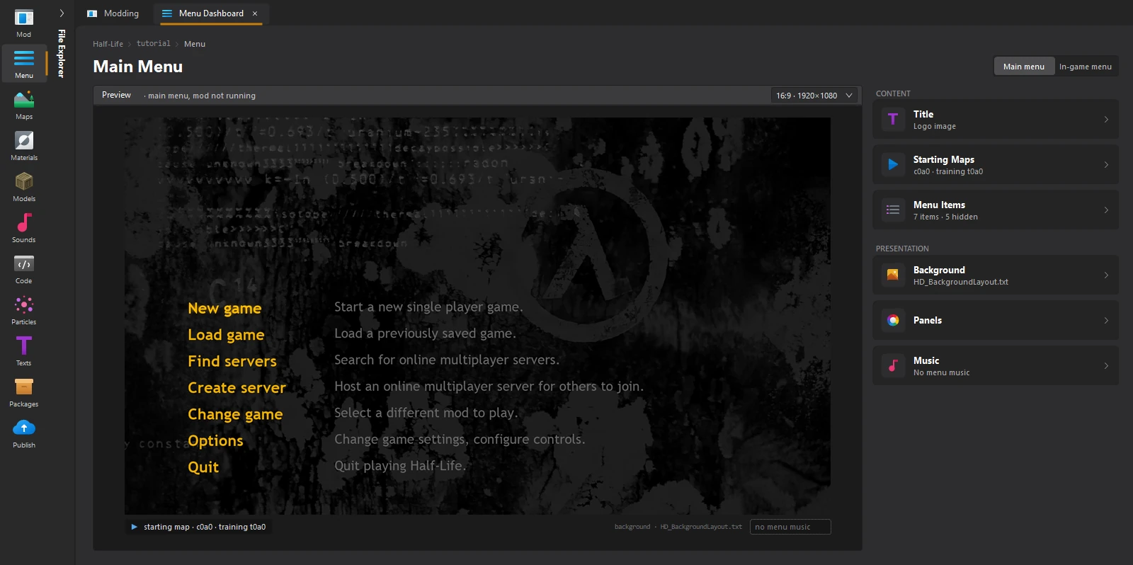 The Menu dashboard of a new Half-Life mod