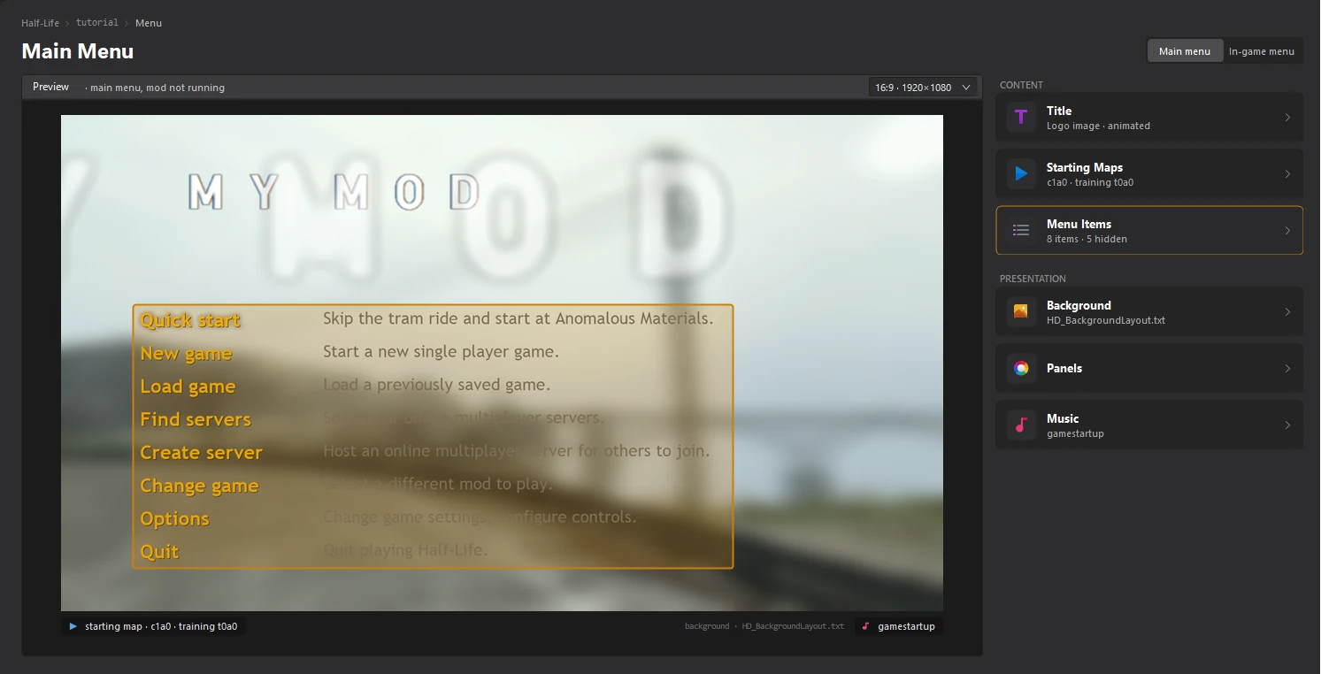 Pointing at the Menu Items card outlines the menu items in the preview