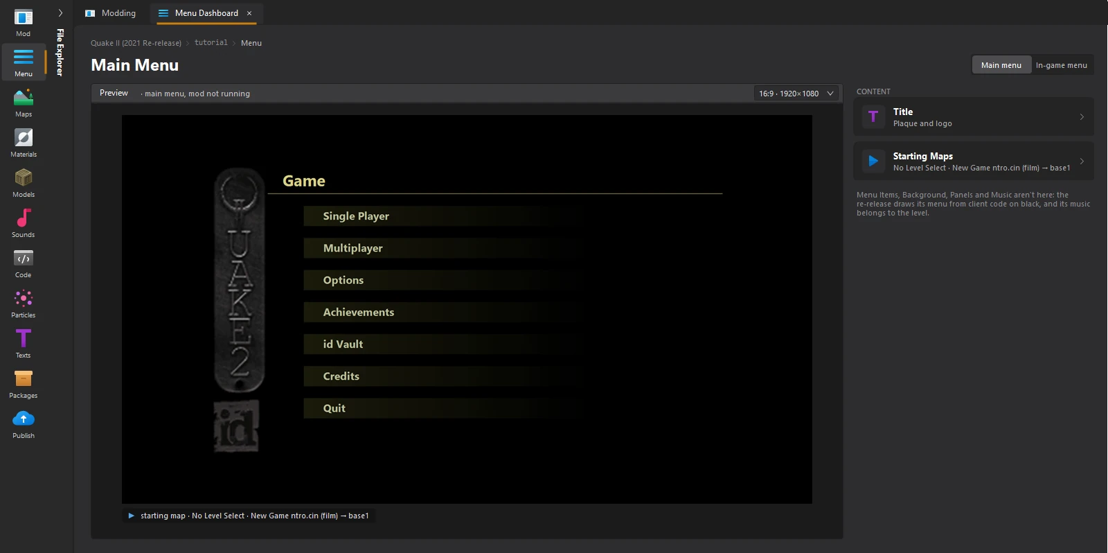 The Menu dashboard of a new Quake II mod
