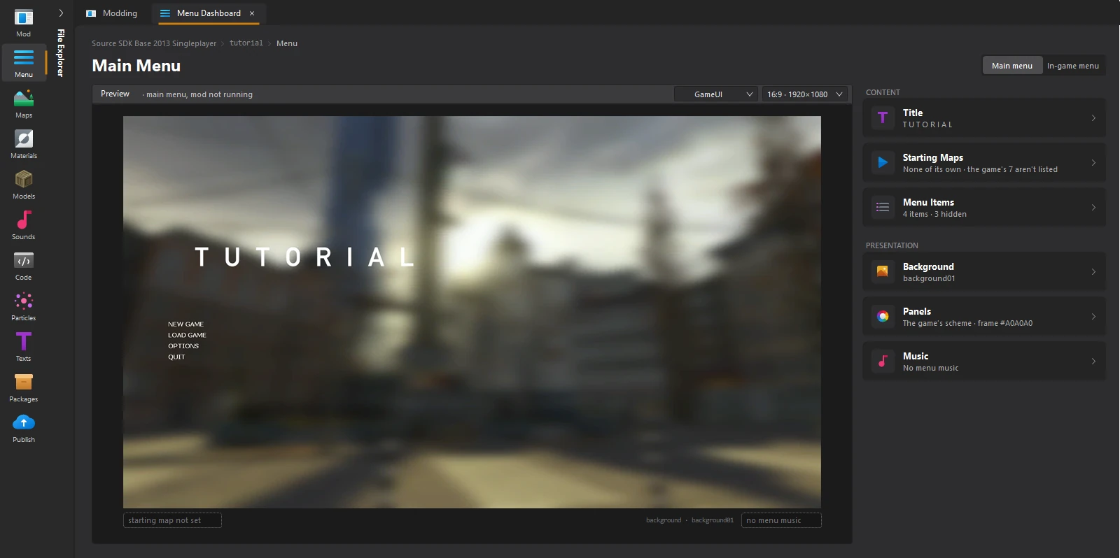 The Menu dashboard of a new Source mod
