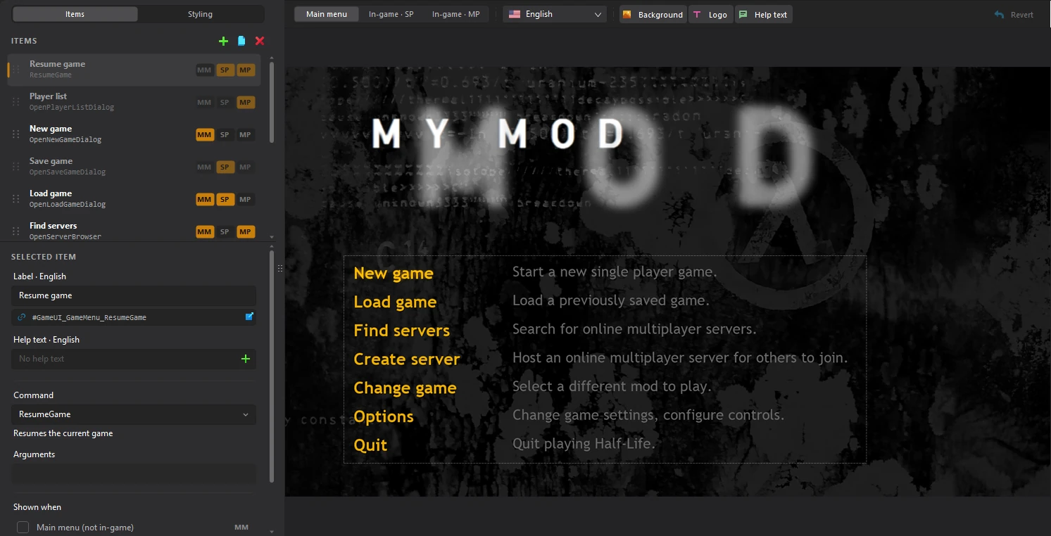 The Menu Items editor of a Half-Life mod