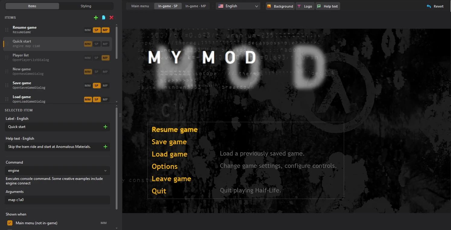 The menu during a single-player game