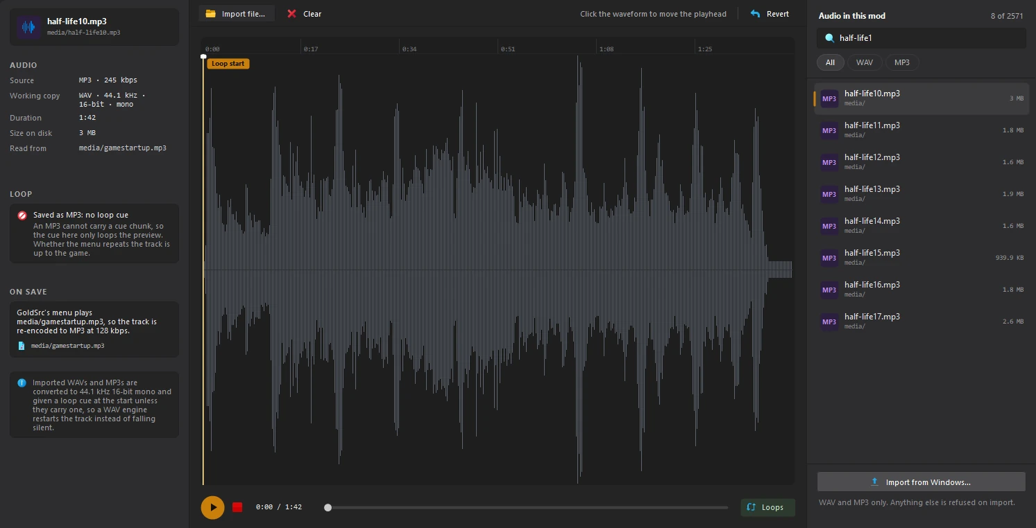 A track loaded in the Music editor