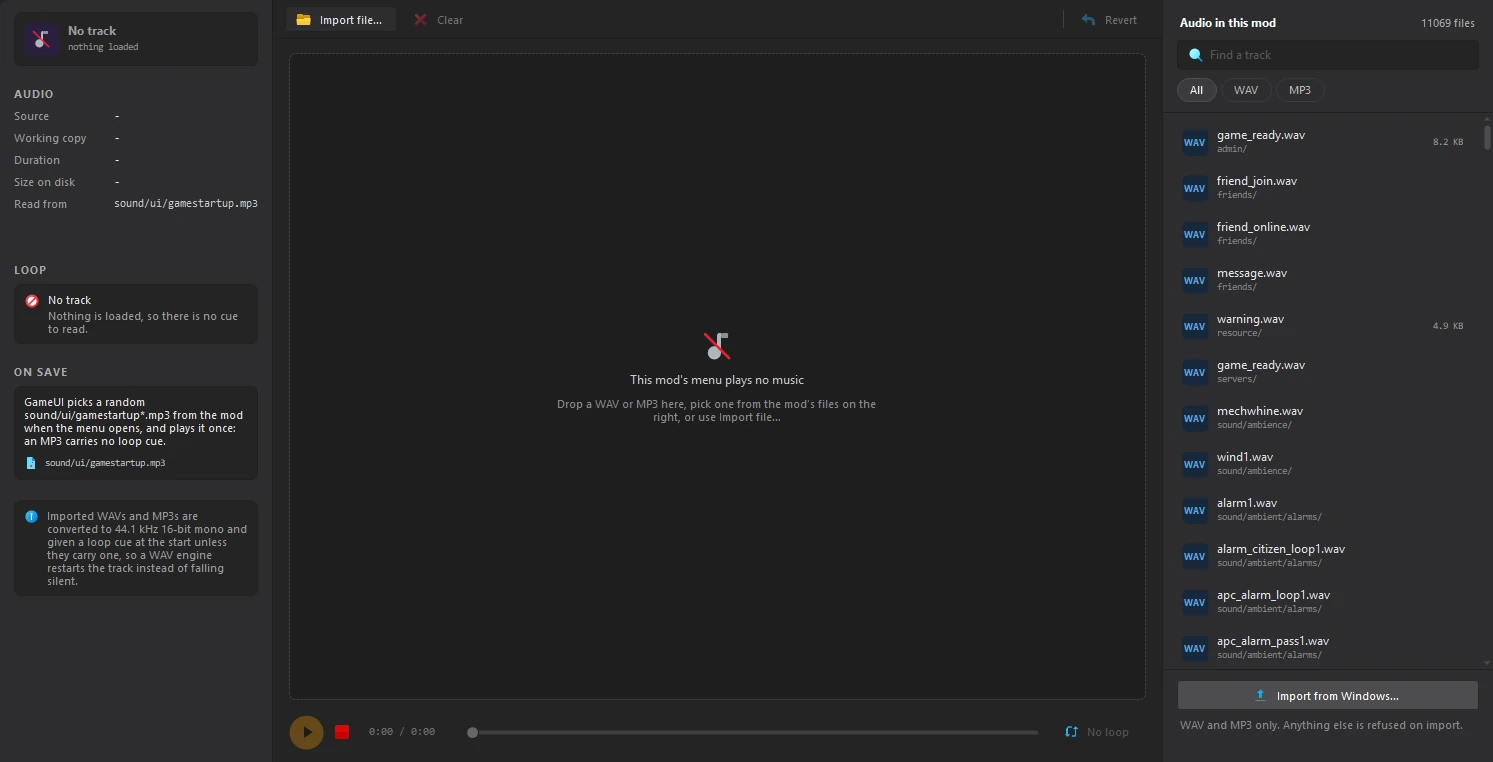 The Music editor of a mod with no menu music