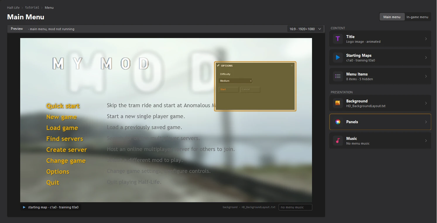 The sample panel on the Menu dashboard after saving
