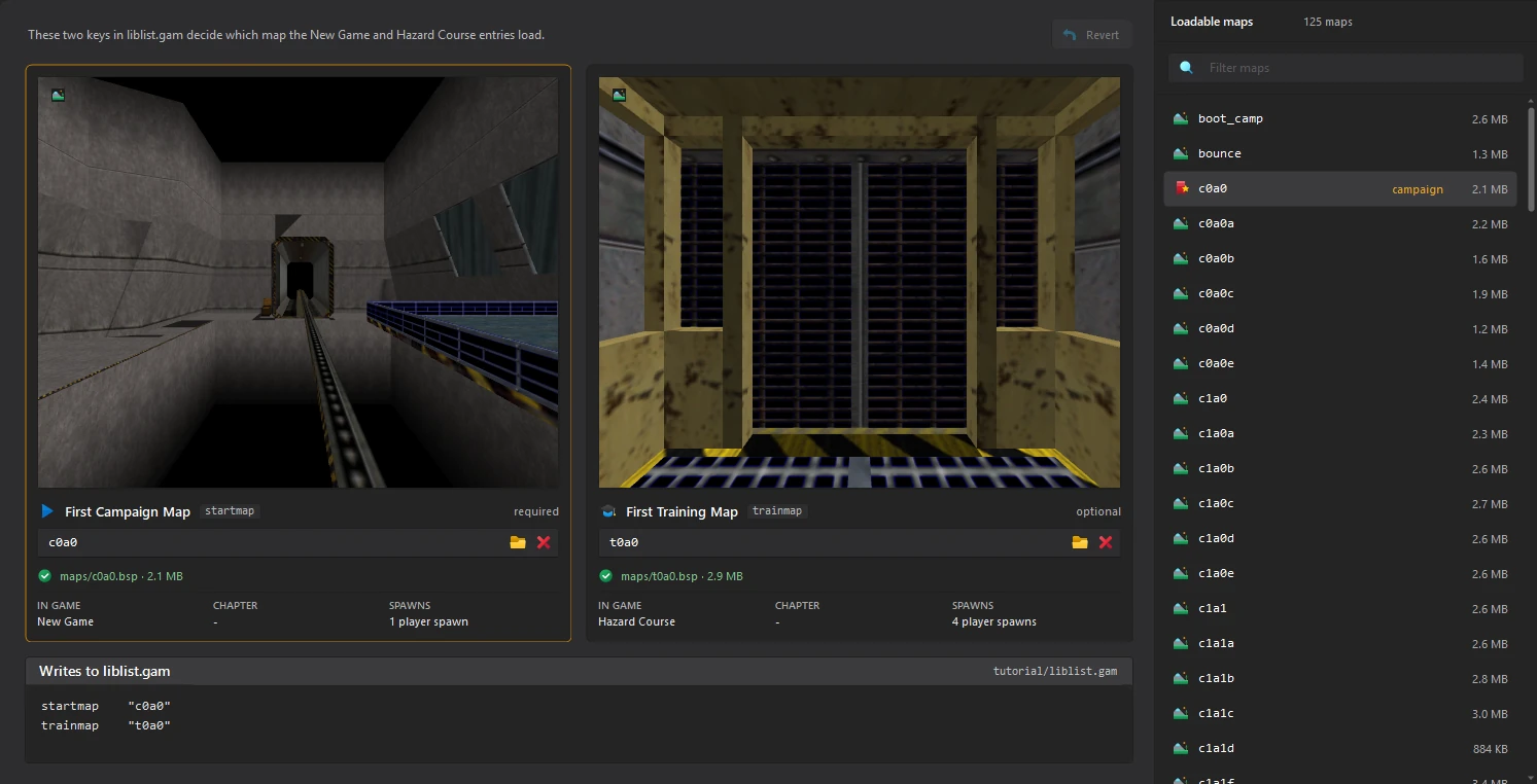 The Starting Maps editor of a new Half-Life mod