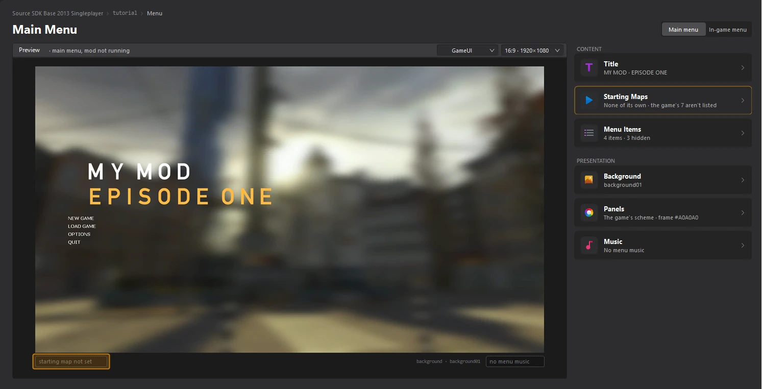 The Starting Maps card of the Menu dashboard